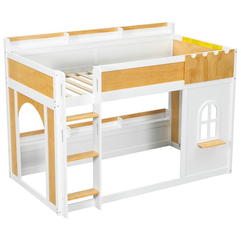 Roomfitters Twin Over Twin/Full Over Full Bunk Bed with Window, Two Doors and Storage Shelves, Natural and White