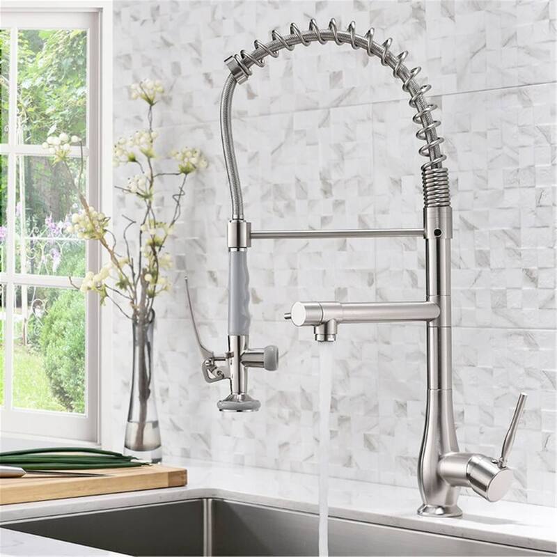 Commercial Kitchen Faucet Single Handle Modern Single Hole Kitchen Sink Faucets With Pull Down Sprayer Modern Basin Taps - Brushed Nickel