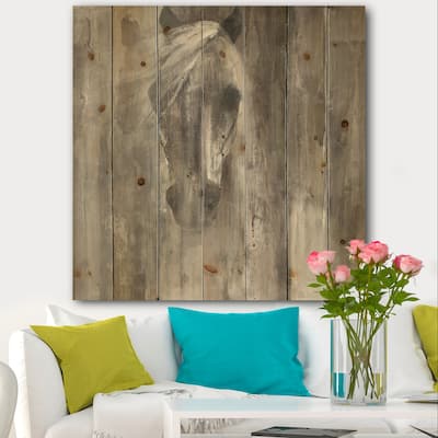 Designart 'Farmhouse Horse' Modern Farmhouse Print on Natural Pine Wood - Grey