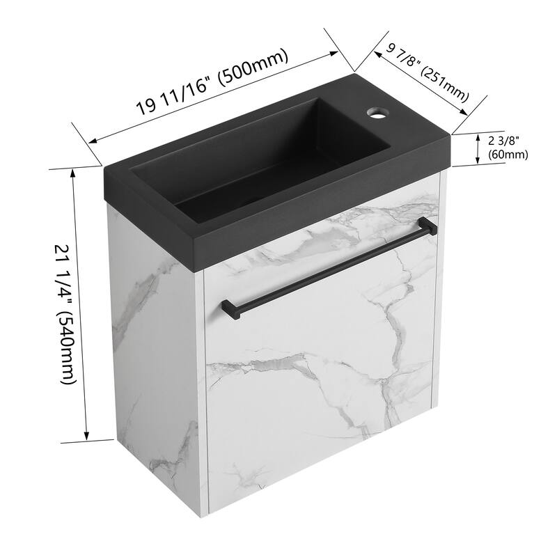 20" Wall-Mounted Floating Bathroom Vanity with Black Resin Sink, Soft-Close Doors & Ample Storage, Space-Saving Design