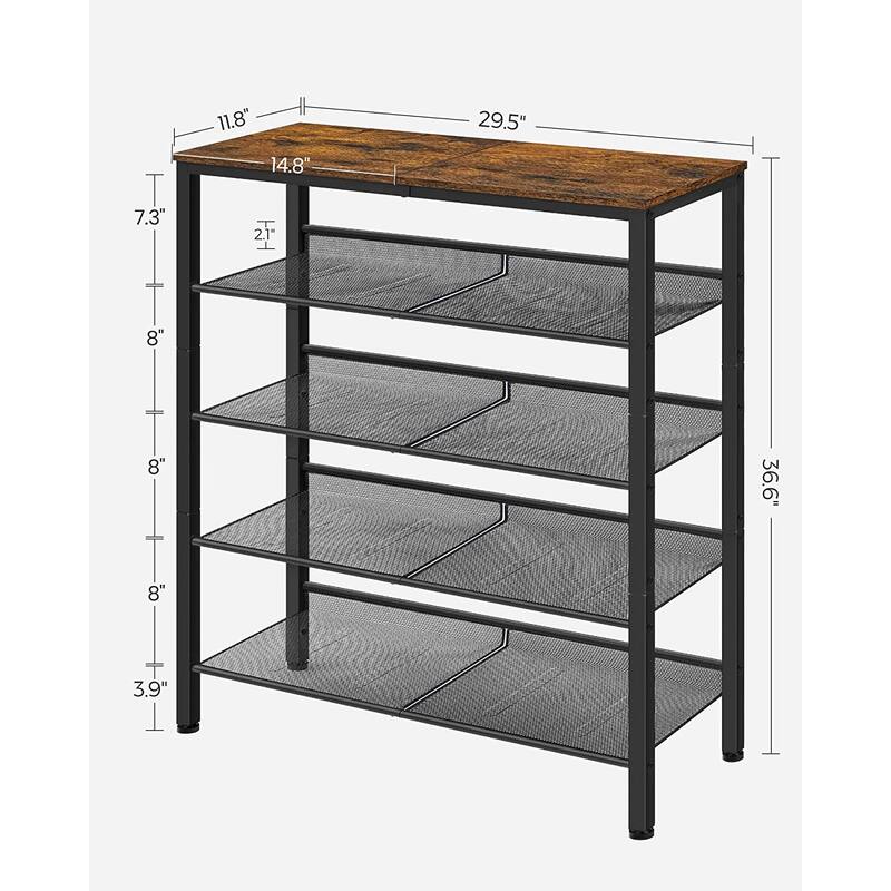 Brown Wood 5-Tier Shoe Rack with Storage Shelves and Spacious Top - 11.8”D x 29.5”W x 36.6”H