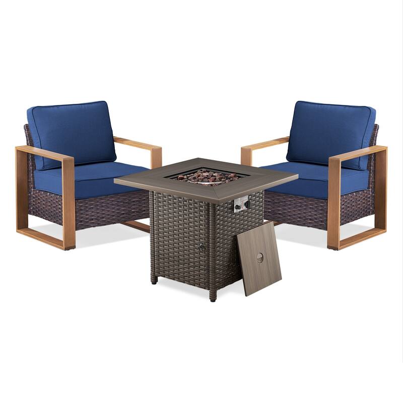 Meyreso 3-Piece Wicker Patio Conversation Set with Fire Pit & Plush 4.5" Olefin Cushions