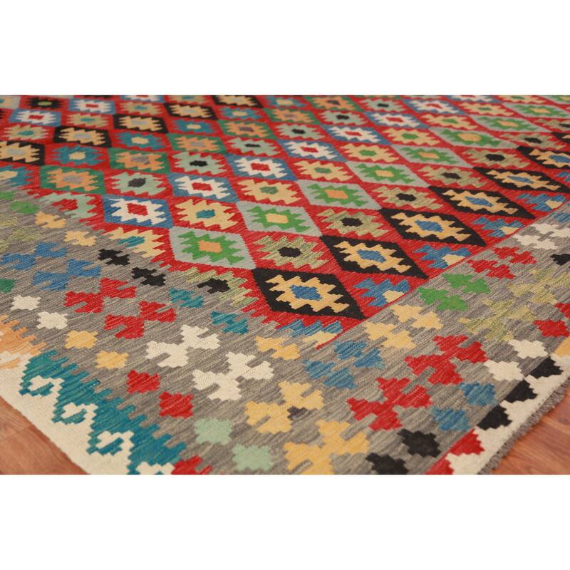 Geometric Multi-Color Kilim Oriental Large Rug Flatweave Wool Carpet - 10'0"x 16'1"