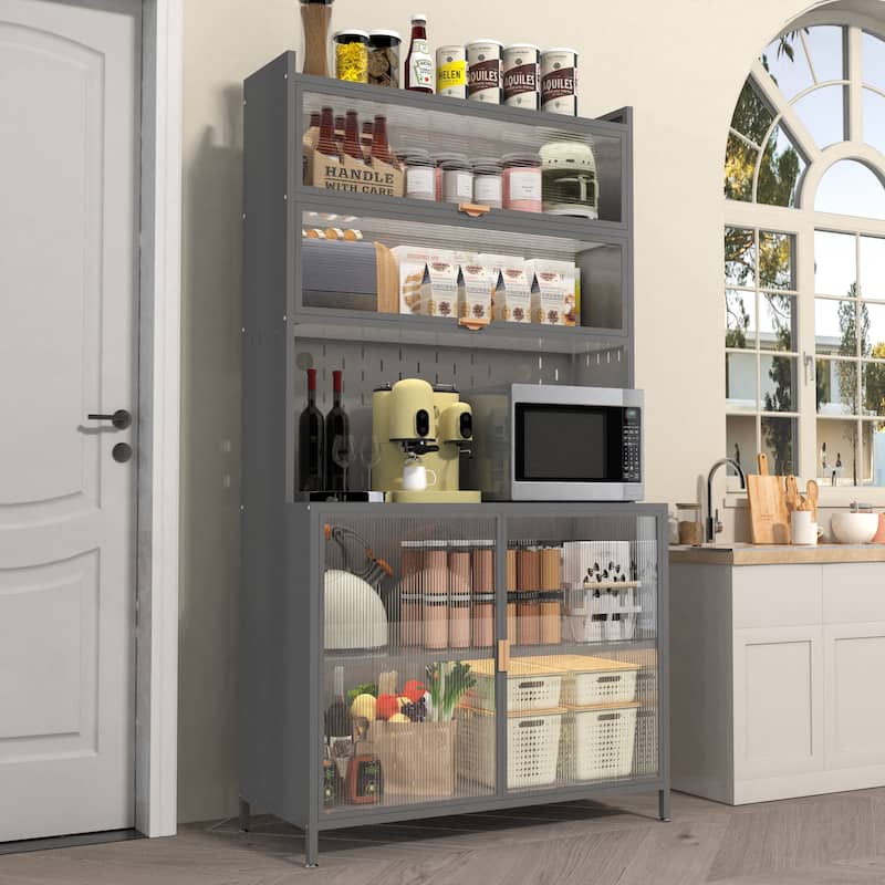 Homy Casa 73'' Tall Kitchen Pantry Cabinet 6 Flip Doors & Pegboard - Grey