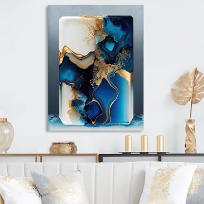 Designart 'Abstract Geode Gold And Blue Marble III' Abstract Marble Metal Wall Art