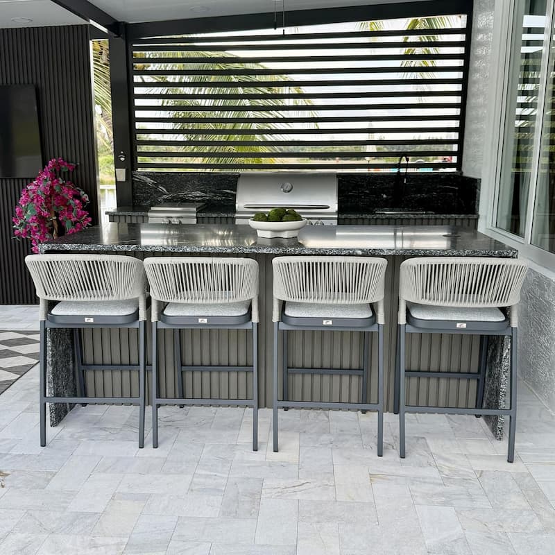 PURPLE LEAF Bar Stool Set of 2 Outdoor Rattan Bar Chair with Back Metal Bar Height Stool Wicker Barstool Dark Grey - N/A