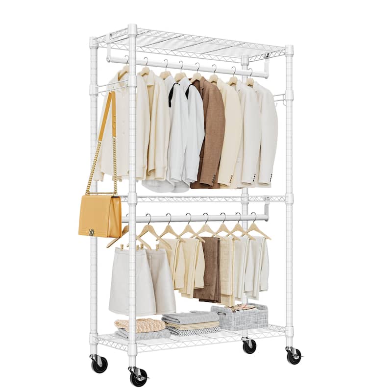 Anmytek Heavy Duty Rolling Clothing Rack with Shelves and Wheels White Garment Storage Organizer - White