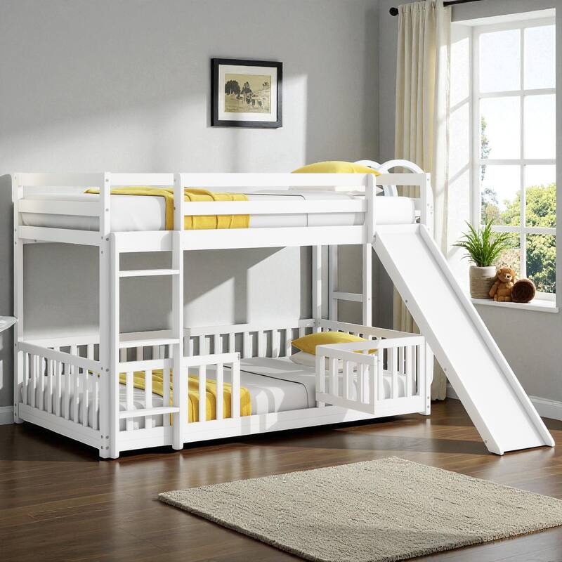 Solid Pine Wood Twin Over Twin Bunk Bed with Slide, Door, Ladder, and Guardrails, Convertible Floor Bunk Bed for Kids