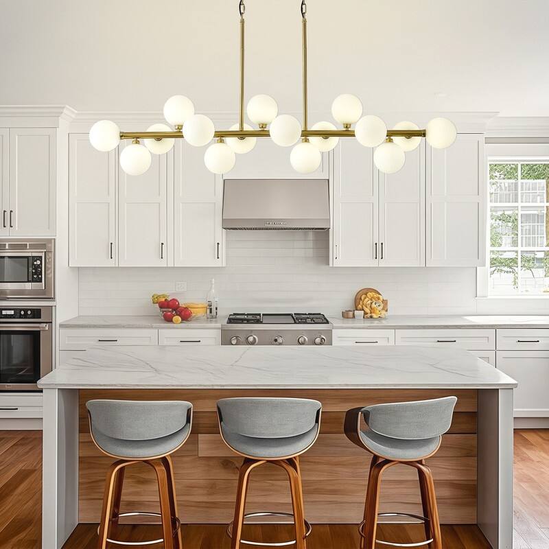 Modern 16 Light Linear Chandelier with Glass Globe Lampshade, Mid Century Sputnik Chandelier for Kitchen Island