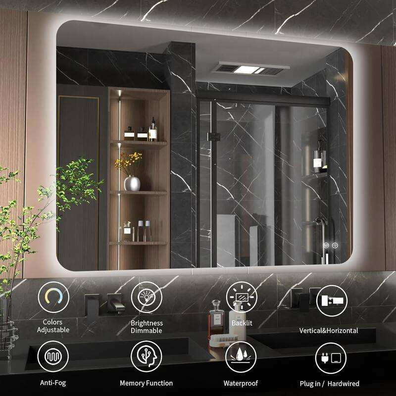 GDFStudio - Meridian Modern Rectangular Backlit Bathroom Wall Mirror, Adjustable LED Lighted, Memory & Aniti-Fog Function