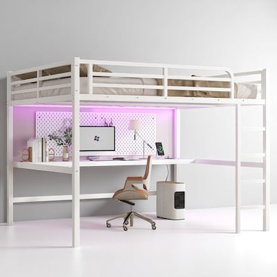 Metal Queen Loft Bed Frame with LED Light, Built-In Desk, USB Ports, Power Outlet, Guardrails, Noise-Reduced