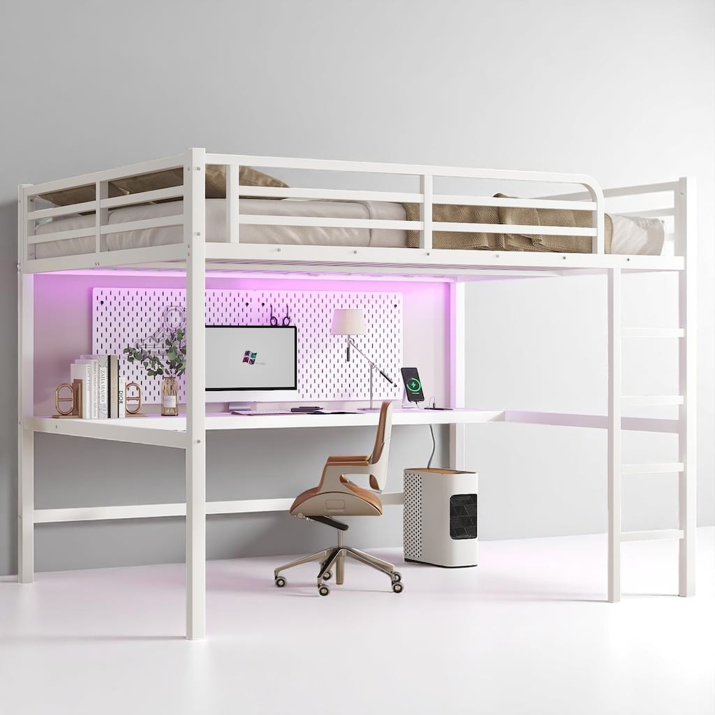 Metal Queen Loft Bed Frame with LED Light, Built-In Desk, USB Ports, Power Outlet, Guardrails, Noise-Reduced