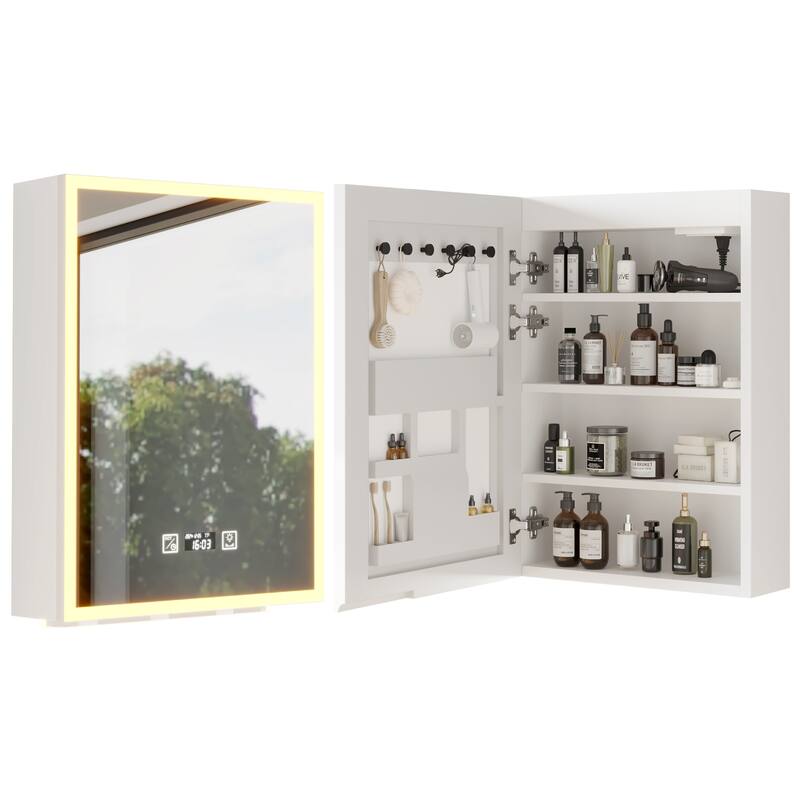 White MDF LED Bathroom Wall Cabinet with Mirror, Shelves and USB Ports - 19.7” x 6.3” x 27.6”