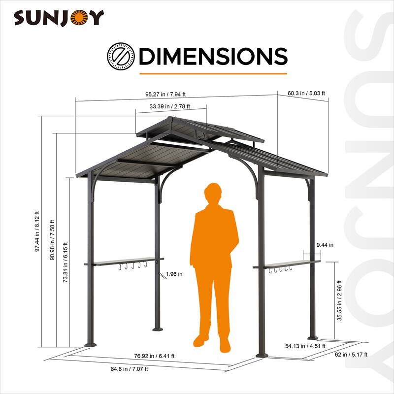 Sunjoy Grill Gazebo 5 ft. x 8 ft. Brown Steel Frame Double Tiered Hardtop Gazebo with Ceiling Hook and Bar Shelves