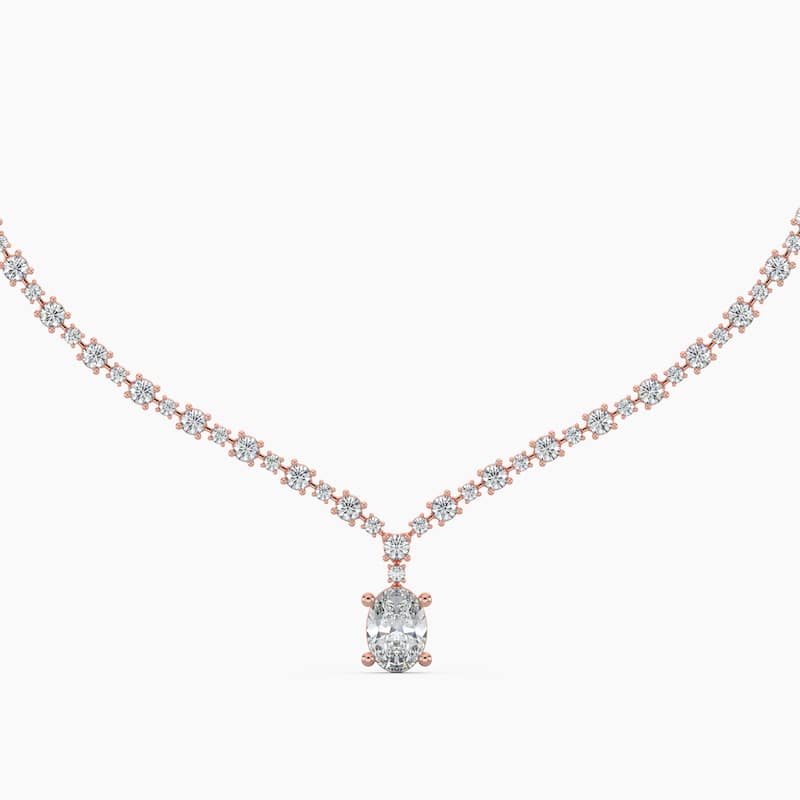 14K Gold Lab Grown Alternating Diamond Lined Oval Drop Necklace - Rose