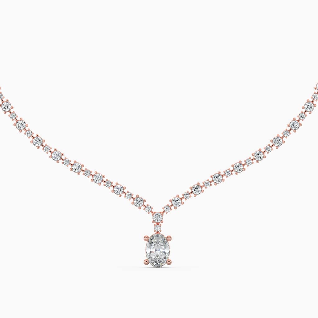 14K Gold Lab Grown Alternating Diamond Lined Oval Drop Necklace