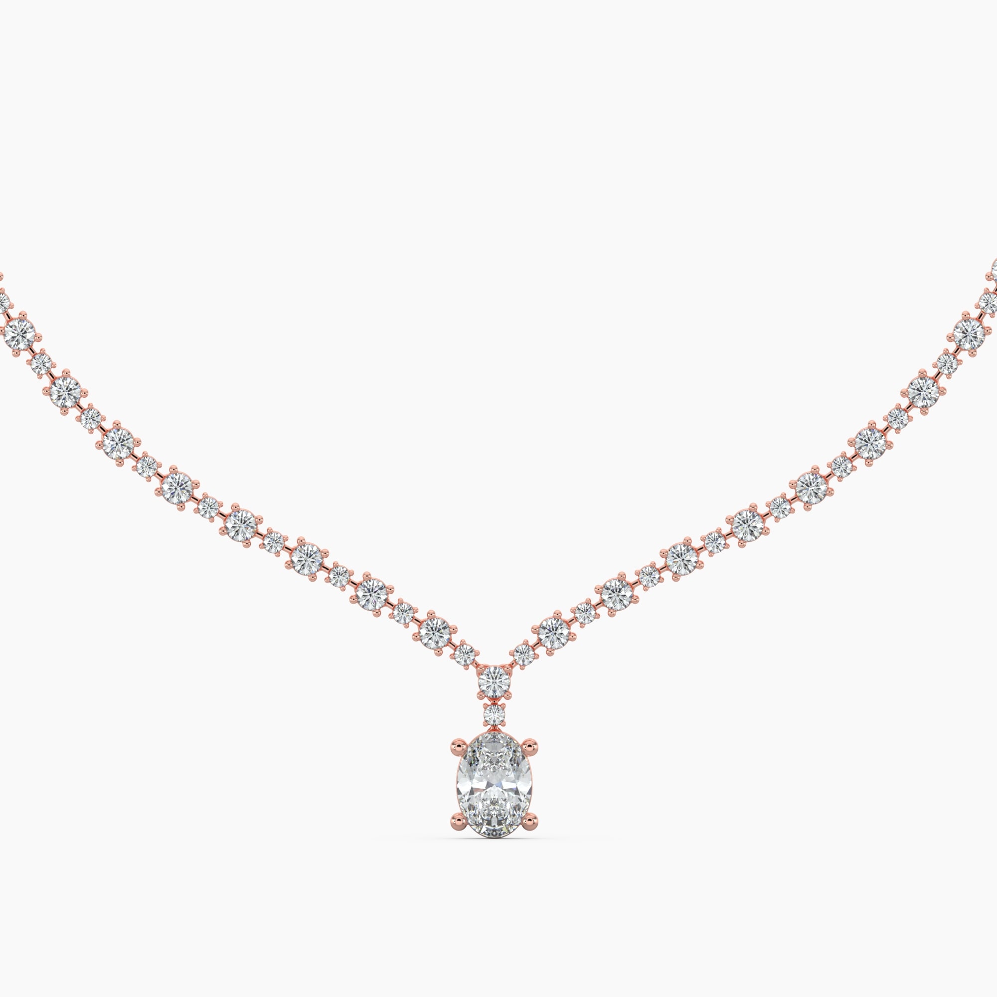 14K Gold Lab Grown Alternating Diamond Lined Oval Drop Necklace