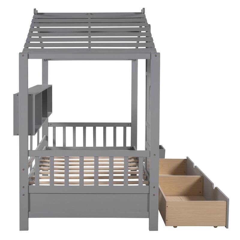 Twin Size Wooden House Bed with 2 Drawers and Storage Shelf