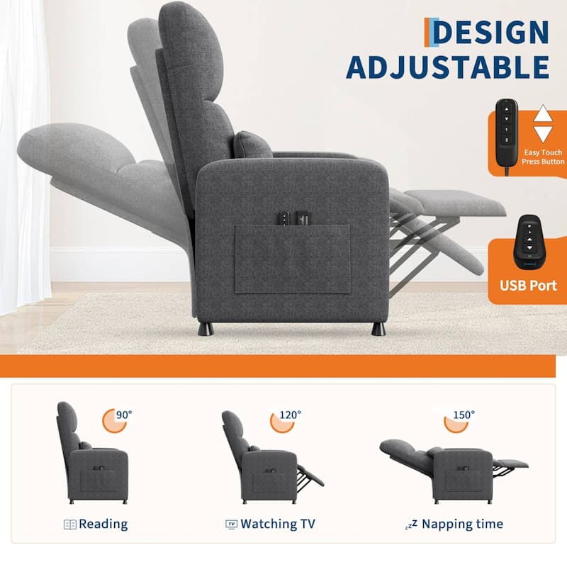 Adjustable Electric Linen Power Recliner Chair, Single Sofa with Massage and Heat