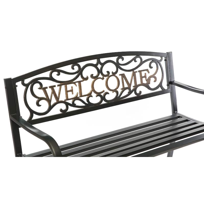 Steel Outdoor Patio Garden Park Seating Bench with Cast Iron "Welcome" Backrest, Front Porch Yard Bench Lawn Decor