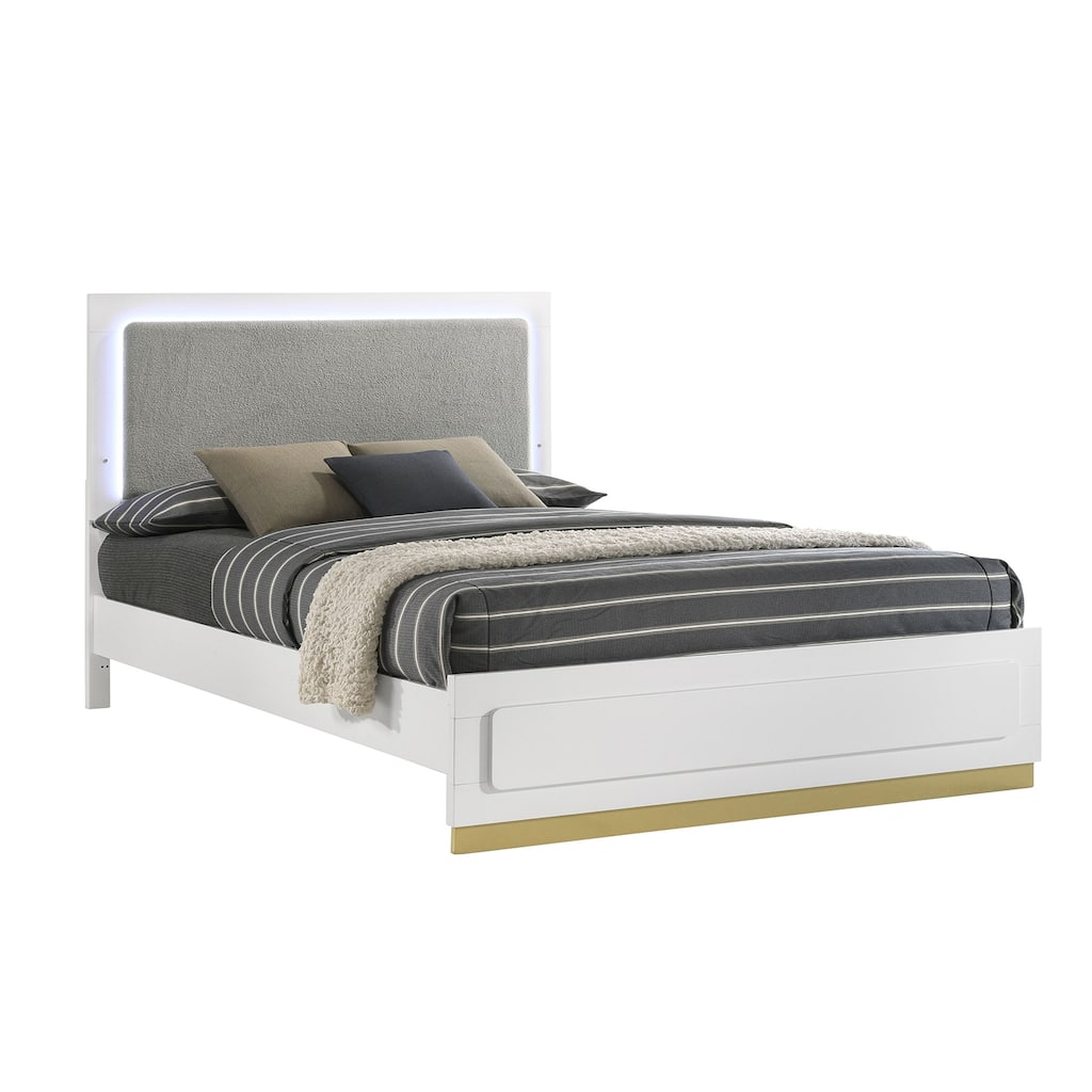 Upholstered Panel Bed with LED Lighting in White