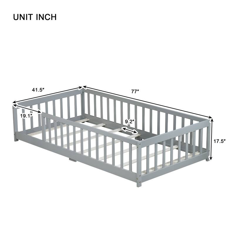 Montessori Twin Size Toddler Floor Bed with Fence without Door, Open-row Design Wood Frame Platform Bed with Safety Guardrails