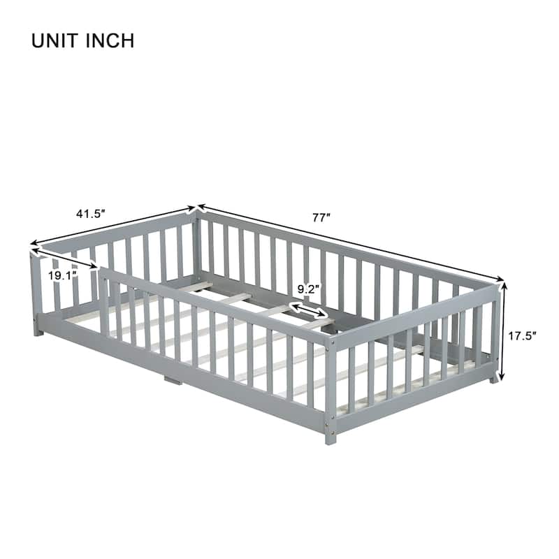 Twin Floor Bed with High Safety Fence, Rubber Wood Construction, Easy Assembly