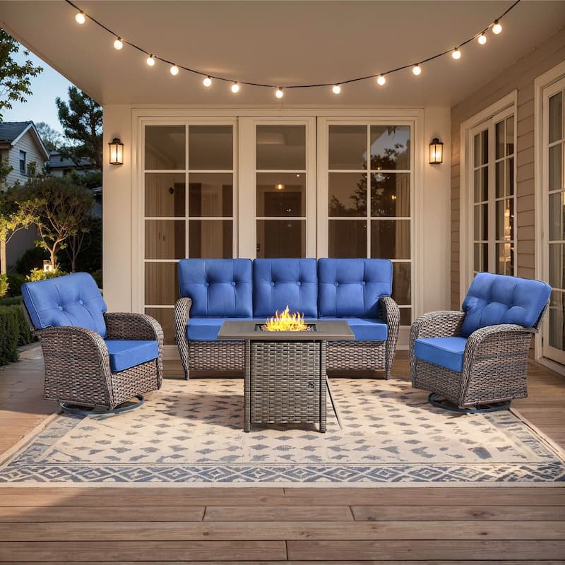 Pocassy Ooutdoor Fire Pit Table with Sofa Chair Set - Brown Wicker & Blue cushion