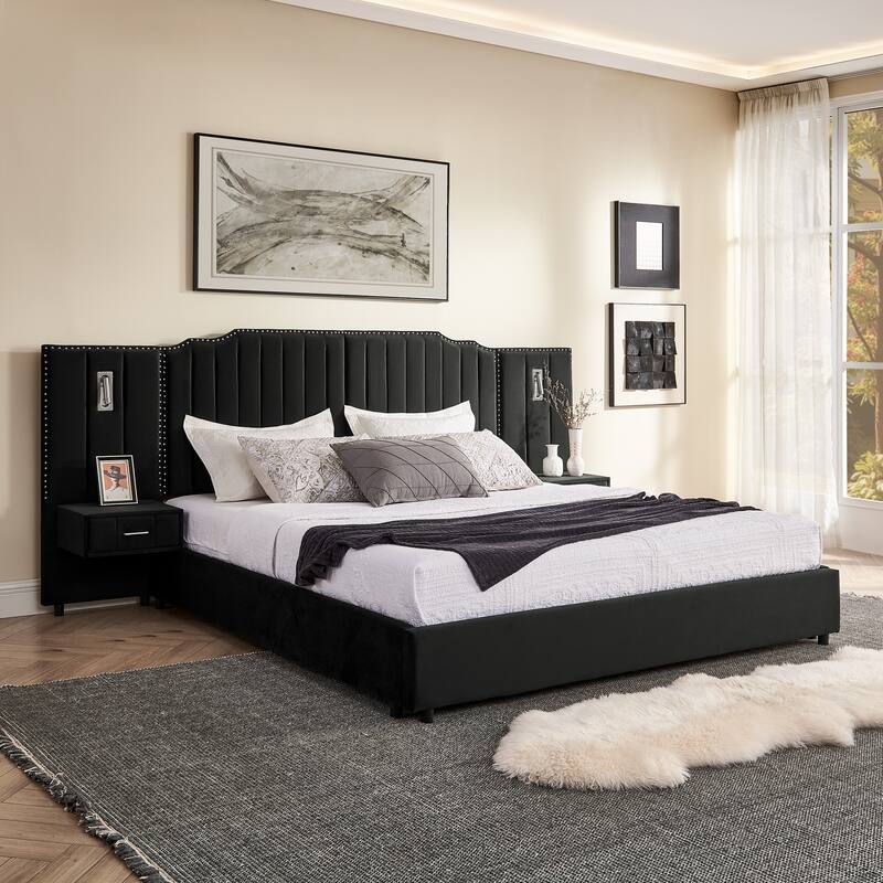 King Upholstered Wingback Platform Bed Frame with Vertical Stripe Enlarged Headboard, Adjustable Lamps & Integrated Nightstand