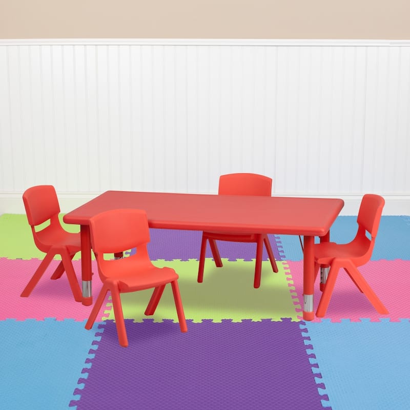 24"W x 48"L Rectangle Plastic Adjustable Activity Table Set - 4 or 6 Chairs - 4 Chairs - Red