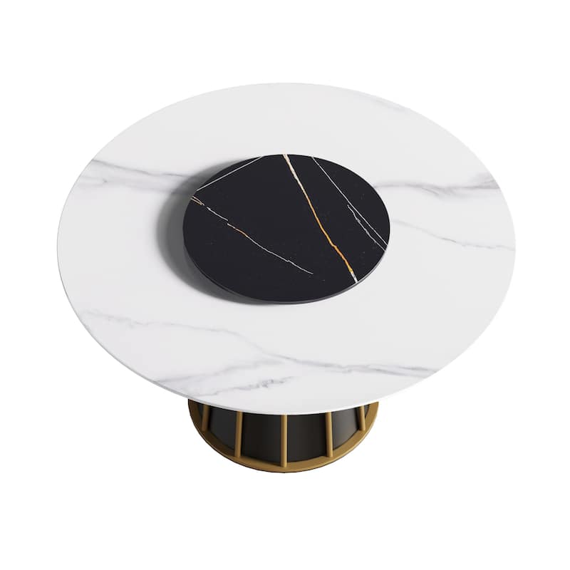 Modern 53" Round White Dining Table for 6 Person Marble Top Gold & Black Pedestal