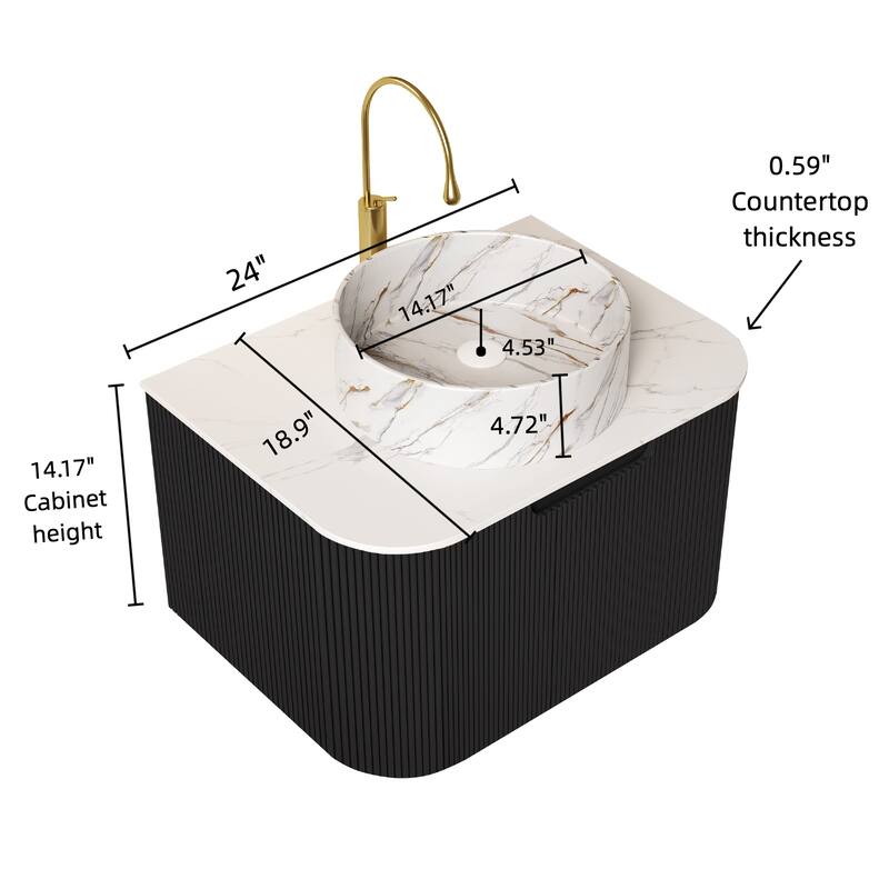 24 Inch/30 Inch/36 Inch Wall-Mounted Bathroom Vanity Cabinet with Counter Top Sink, Round Ceramic Basin with Stone Pattern