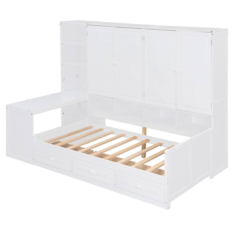 Modern Twin Daybed with All-in-One Cabinet, Desk Wooden Daybed Sofa Bed Frame with 3 Drawers, Multi-Functional Headboard
