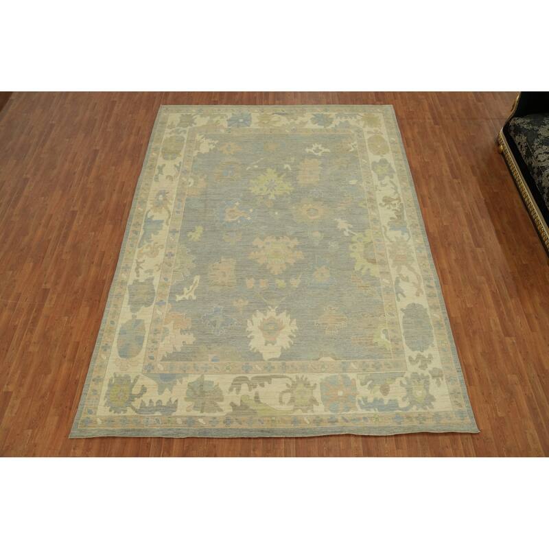 Handmade Gray Oushak Vegetable Dye Large Rug, Floral Geometric Carpet - 14' 0'' X 10' 1''