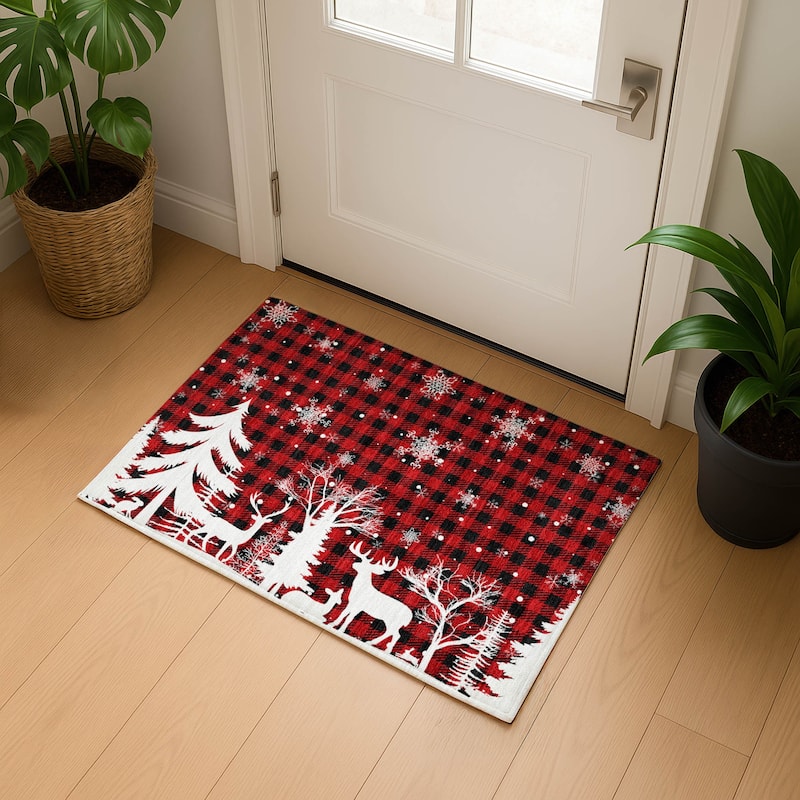 Premium Washable Super Soft Winter Reindeer Tree Mayfield Rug - Red - 1'8" x 2'6"