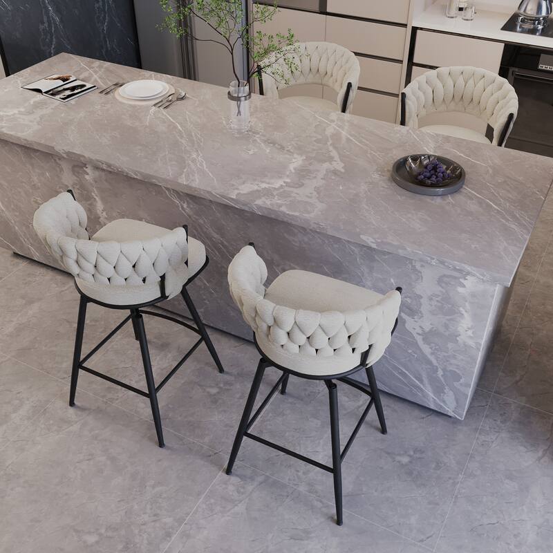 360 Swivel Suede Woven Bar Chair Set of 4, Upholstered Barstools with Metal Base