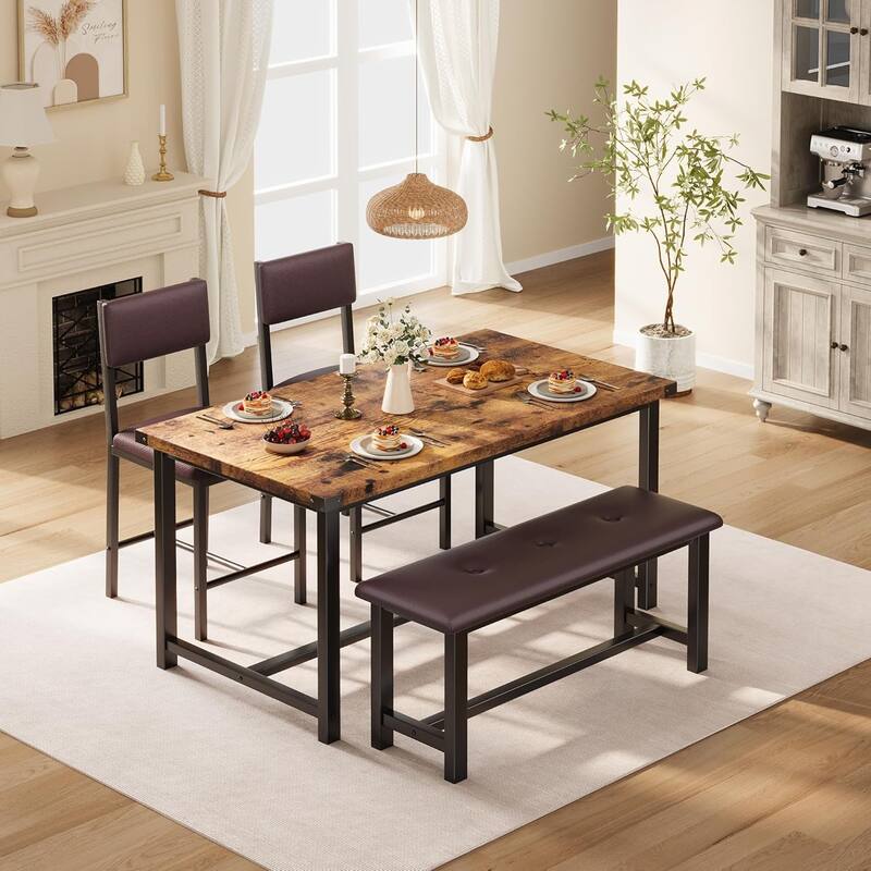 Dining Table Set for 4, Kitchen Table and 2 Upholstered Chairs with Bench - Rustic Brown