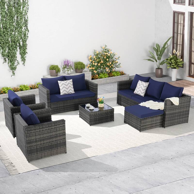 6-Piece Outdoor Wicker Conversation Sofa Set with Coffee Table, Ottoman