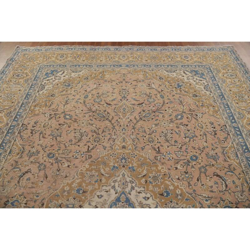 Distressed Floral Kashan Persian Antique Area Rug Handmade Wool Carpet - 9'0" x 12'5"