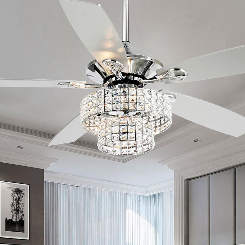 52-inch Modern 4-Light Dual Crystal Shade Ceiling Fan with Remote - Chrome