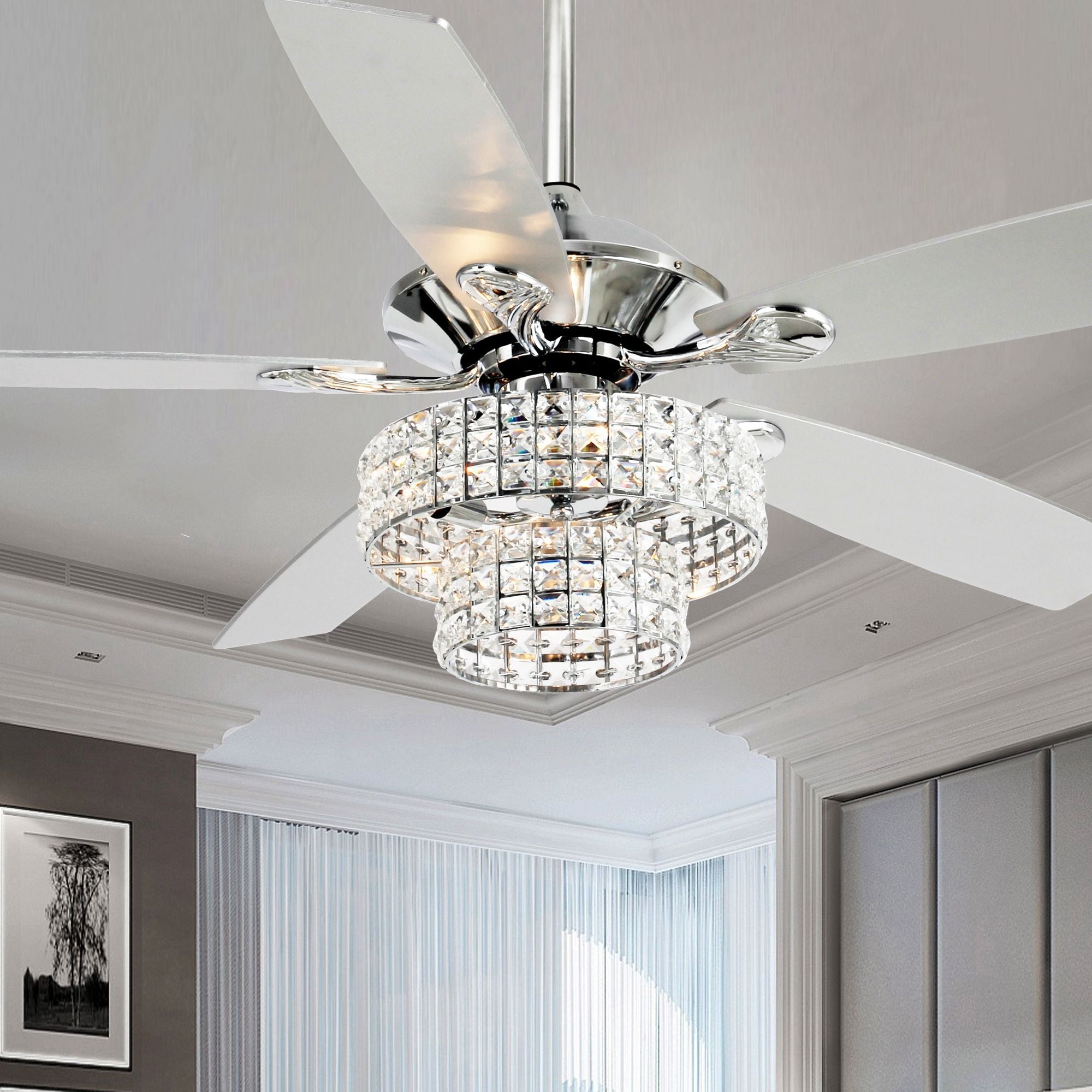 52-inch Chrome Black Wooden 5-blade Modern Crystal Chandelier Ceiling Fan with Remote