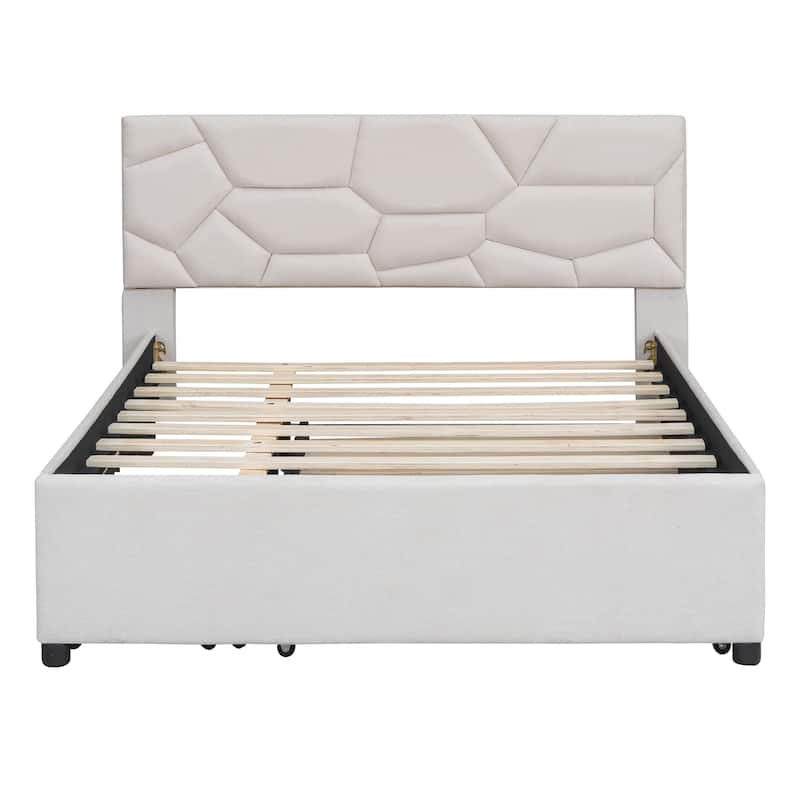 Beige Linen Fabric Full Upholstered Platform Bed with Brick Pattern Headboard, Trundle, and Storage Drawers