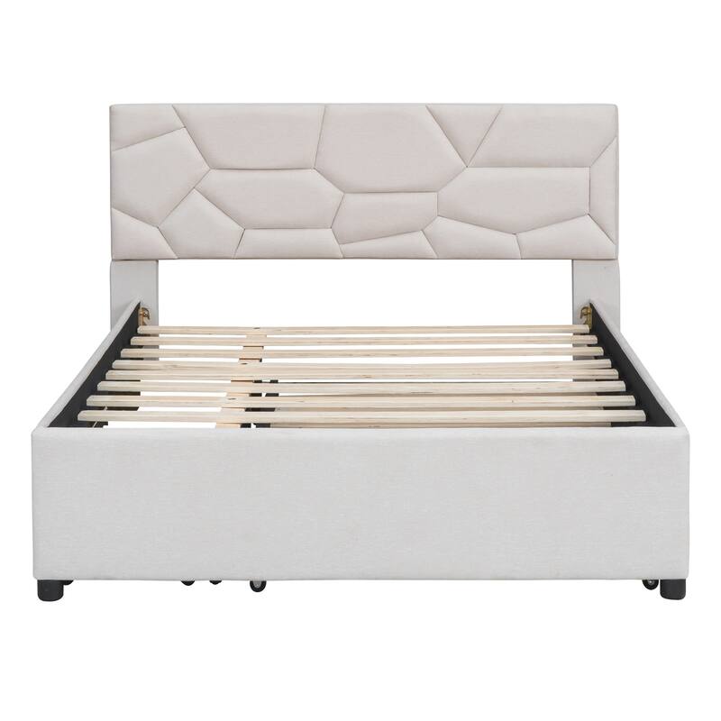 Full/Queen Size Upholstered Platform Bed with Stylish Brick Pattern Headboard, Trundle & 2 Drawers, Linen Fabric Comfort