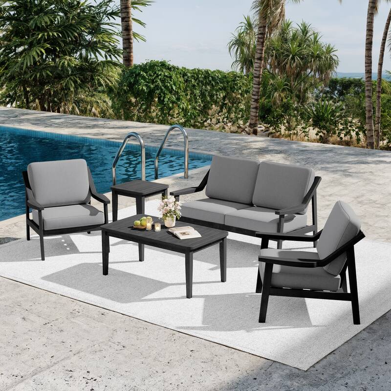 5-piece Adirondack Patio Teak Lounge Chairs Loveseat Conversation Set