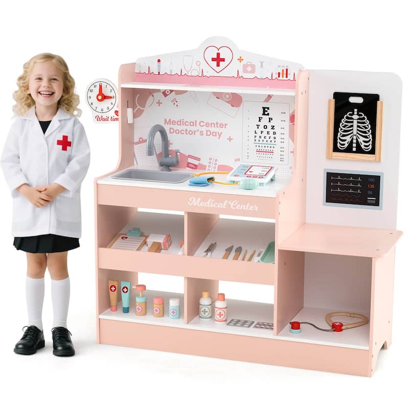 Honeyjoy Wooden Doctor Play Set with Clock Sink Eye Chart ECG Monitor - See Details - Pink