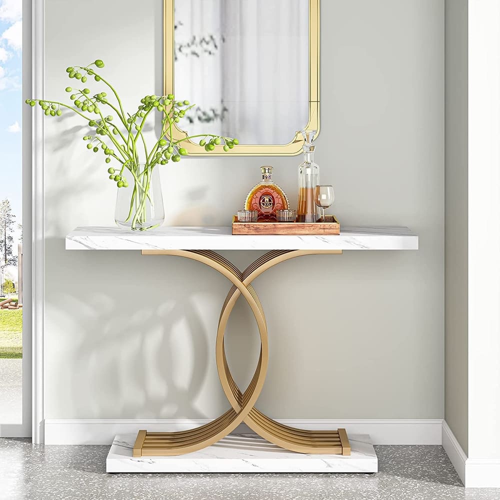 Modern Faux Marble Hallway Table with Geometric 40" Narrow