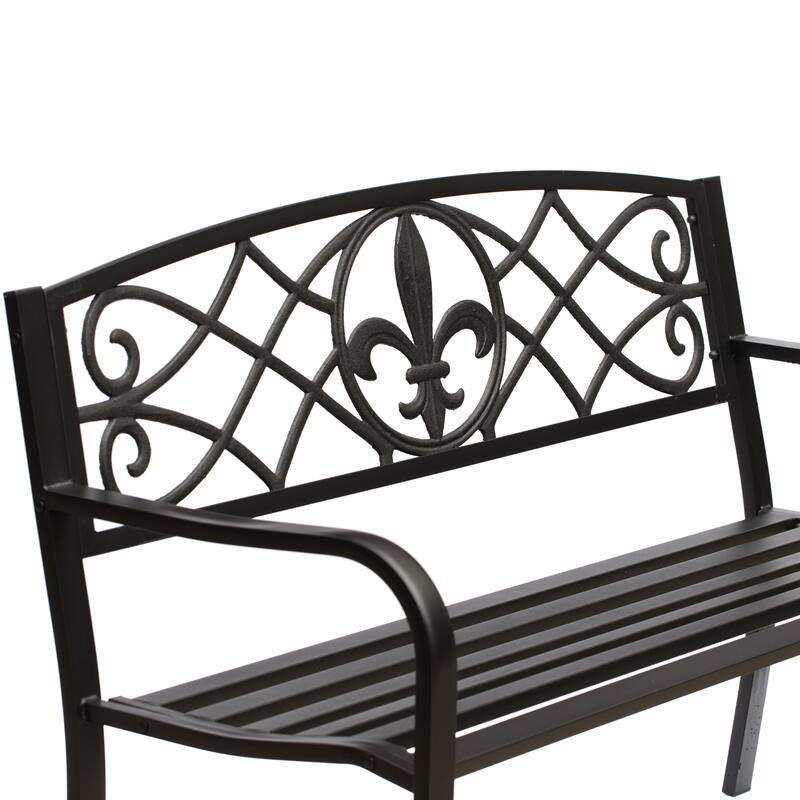 Outdoor Garden Patio Steel Park Bench Lawn Decor with Cast Iron Unique Design Back, Black Seating Bench for Yard, Patio, Garden