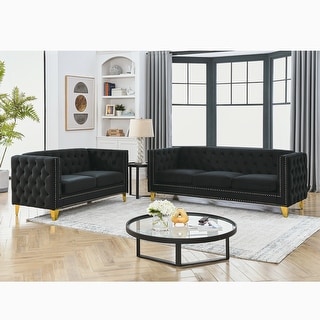 Black Classic Velvet Chesterfield Sofa Set with Nailhead Trim (Solid ...