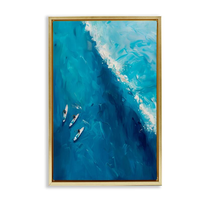 Stupell Surfers & Wave Aerial View Framed Floater Canvas Wall Art Design By LSR Design Studio - 21 x 31 - Gold
