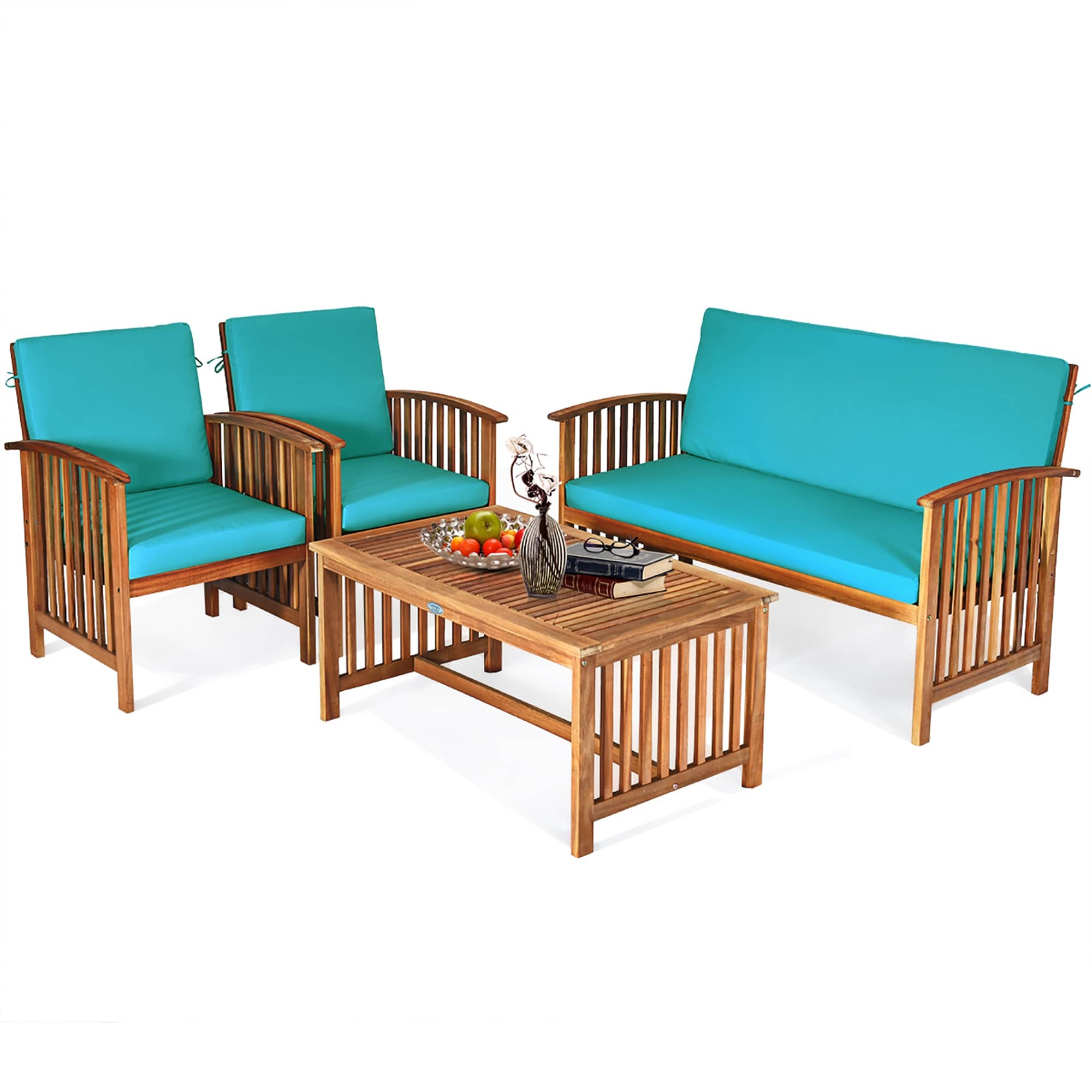 Costway 4PCS Patio Solid Wood Furniture Set Conversation Coffee Table - 4-Piece Sets